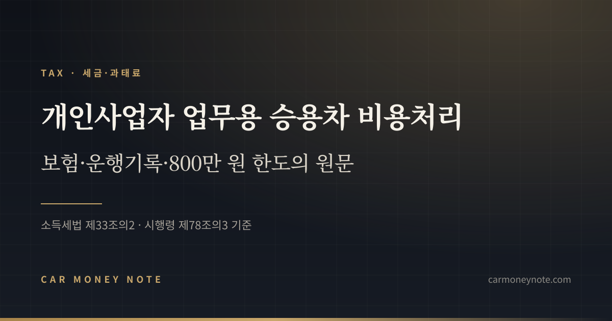 개인사업자 업무용 승용차 비용처리, 보험·운행기록·800만 원 한도의 원문을 정리한 카머니노트 표지