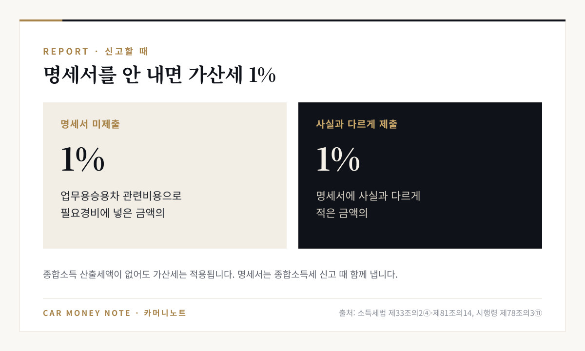 업무용승용차 관련비용 명세서를 내지 않으면 필요경비에 넣은 금액의 1%, 사실과 다르게 내면 다르게 적은 금액의 1%가 가산세, 산출세액이 없어도 적용