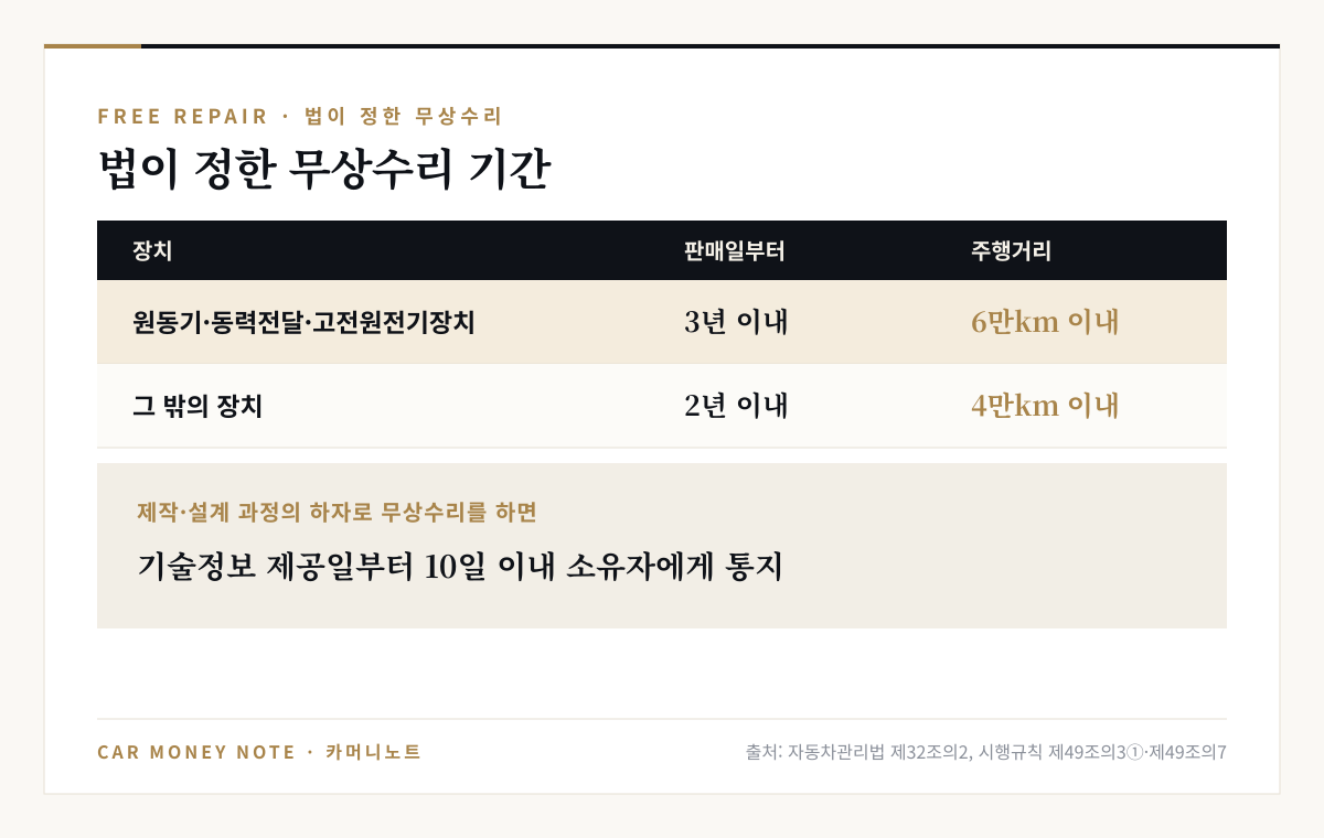 법정 무상수리 기간: 원동기·동력전달장치·고전원전기장치는 판매일부터 3년 이내이면서 6만km 이내, 그 밖의 장치는 2년 이내이면서 4만km 이내, 제작·설계 과정 하자로 무상수리하면 기술정보 제공일부터 10일 이내 소유자에게 통지