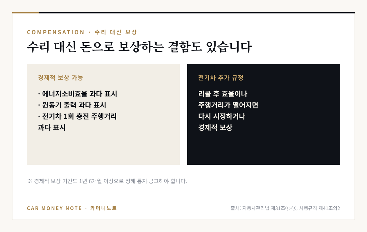 경제적 보상이 가능한 결함은 에너지소비효율 과다 표시, 원동기 출력 과다 표시, 전기차 1회 충전 주행거리 과다 표시이고, 전기차는 리콜 후 효율이나 주행거리가 떨어지면 다시 시정하거나 경제적 보상
