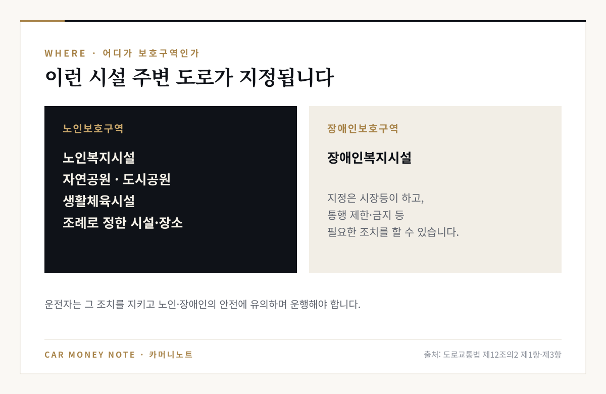 노인보호구역은 노인복지시설, 자연공원·도시공원, 생활체육시설, 조례로 정한 시설·장소 주변 도로에, 장애인보호구역은 장애인복지시설 주변 도로에 시장등이 지정한다는 설명