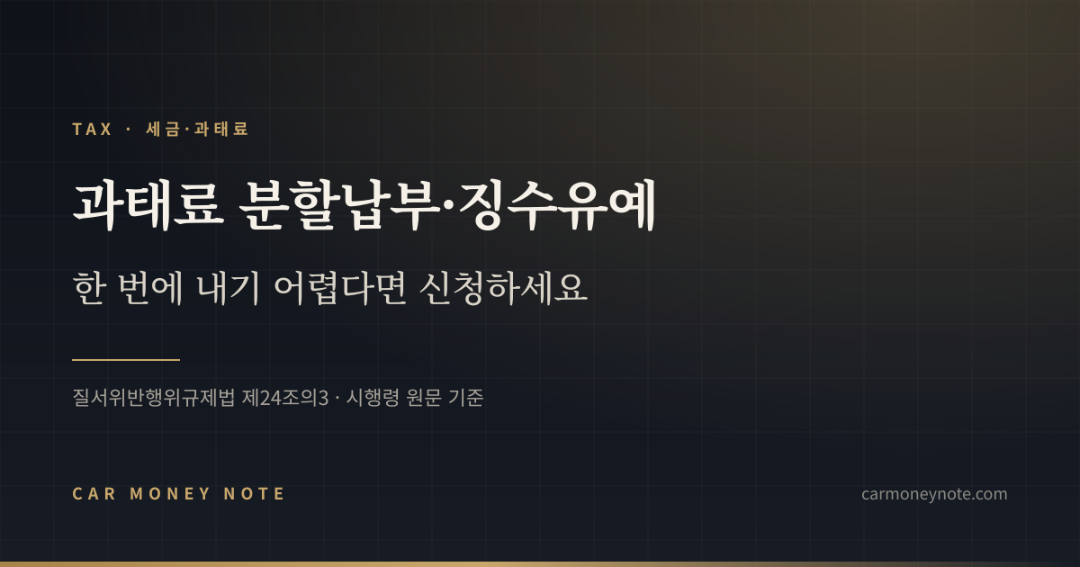과태료 분할납부·징수유예, 한 번에 내기 어렵다면 신청하라는 내용을 담은 카머니노트 표지