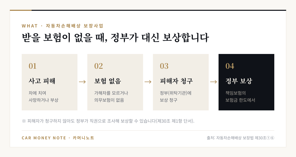 사고 피해, 가해차를 모르거나 의무보험이 없음, 피해자가 정부나 위탁기관에 청구, 정부가 책임보험의 보험금 한도에서 보상하는 정부보장사업의 흐름