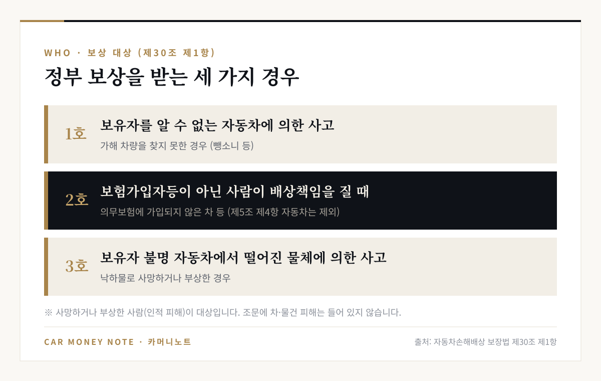 정부 보상 대상 세 가지: 1호 보유자를 알 수 없는 자동차에 의한 사고, 2호 보험가입자등이 아닌 사람이 배상책임을 질 때, 3호 보유자 불명 자동차에서 떨어진 물체에 의한 사고