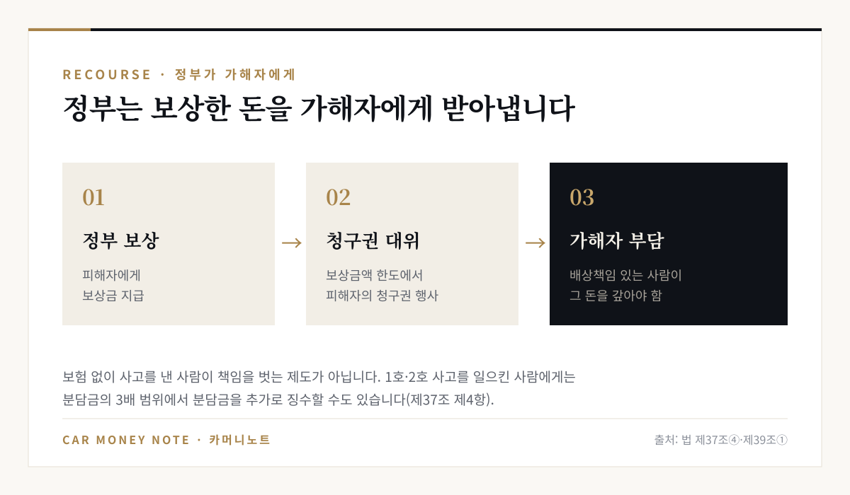 정부의 구상 흐름: 정부가 피해자에게 보상금 지급, 보상금액 한도에서 피해자의 손해배상 청구권 대위행사, 배상책임 있는 사람이 그 돈을 부담, 1호·2호 사고 유발자에게 분담금 3배 범위 추가 징수 가능