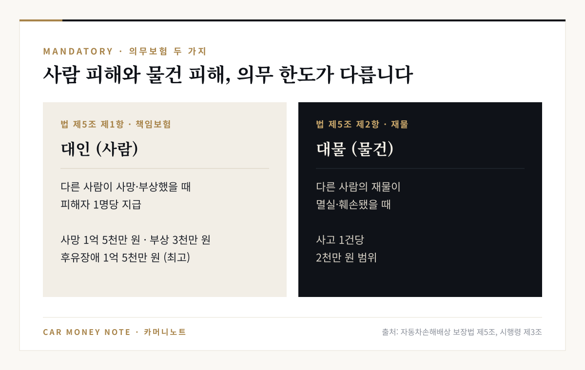 자동차 의무보험 두 가지: 법 제5조 제1항 책임보험은 다른 사람이 사망·부상했을 때 피해자 1명당 지급하고 사망 1억 5천만 원·부상 3천만 원·후유장애 최고 1억 5천만 원, 법 제5조 제2항 대물은 사고 1건당 2천만 원 범위