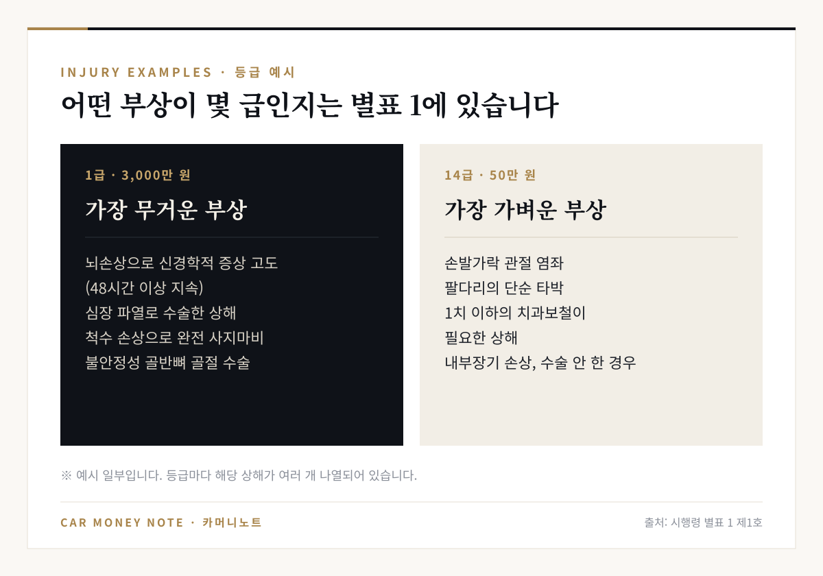 부상 1급 예시: 뇌손상으로 신경학적 증상 고도, 심장 파열로 수술한 상해, 척수 손상으로 완전 사지마비, 불안정성 골반뼈 골절 수술. 14급 예시: 손발가락 관절 염좌, 팔다리 단순 타박, 1치 이하 치과보철, 수술하지 않은 내부장기 손상