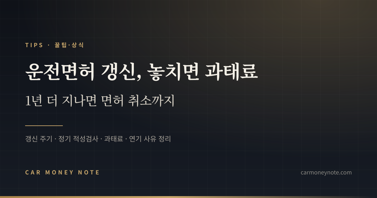 운전면허 갱신을 놓치면 과태료, 1년 더 지나면 면허 취소까지 갈 수 있다는 카머니노트 표지