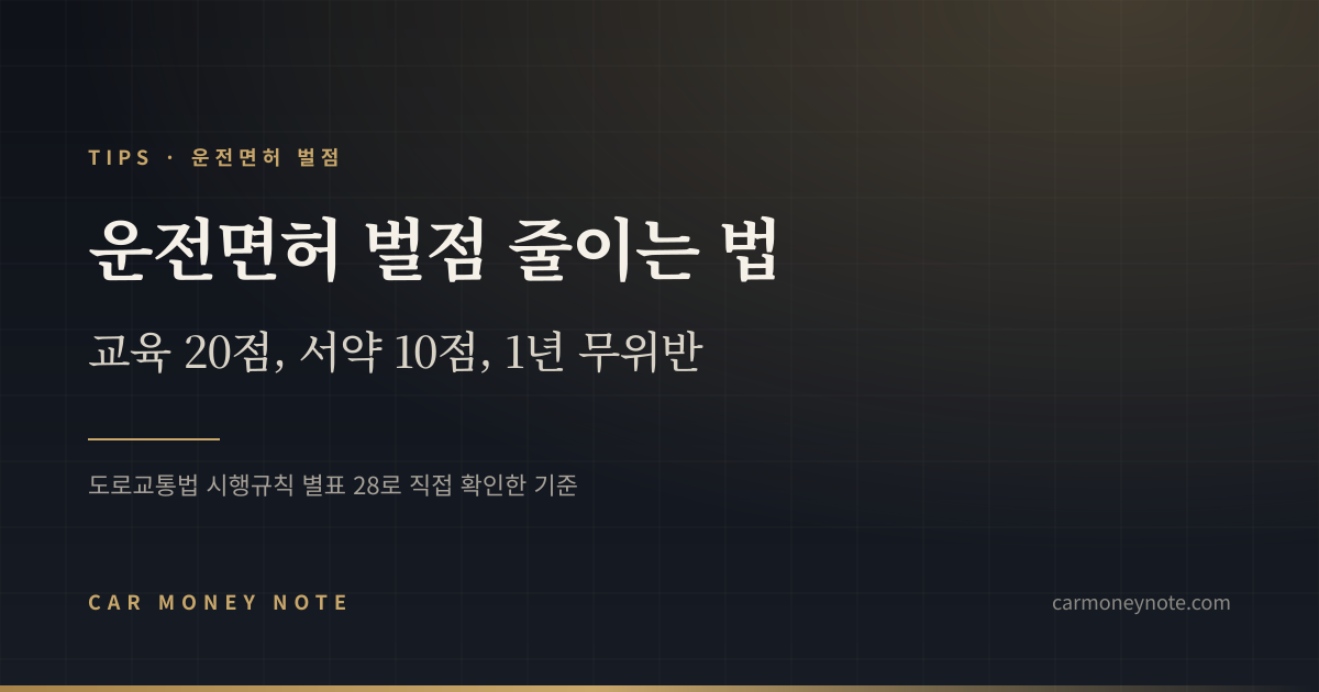 운전면허 벌점 줄이는 법, 교육 20점·서약 10점·1년 무위반을 정리한 카머니노트 표지