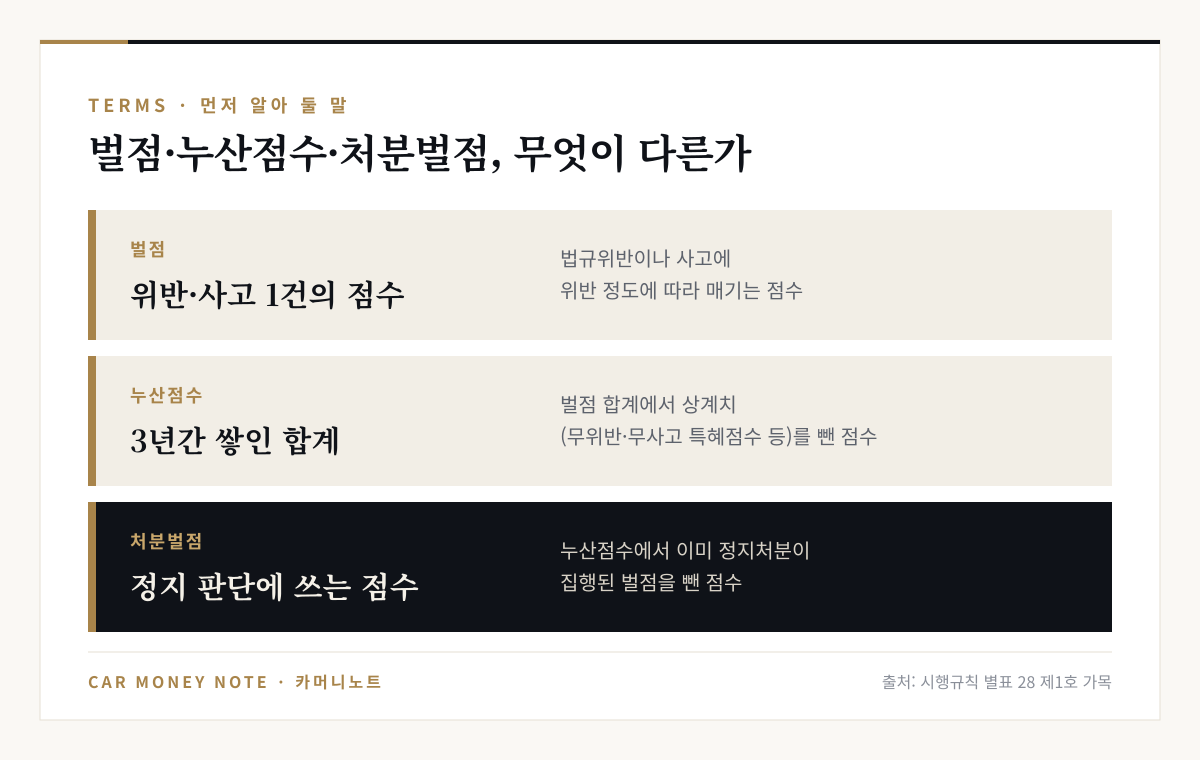 벌점은 위반·사고 1건마다 매기는 점수, 누산점수는 벌점 합계에서 상계치를 뺀 점수, 처분벌점은 누산점수에서 이미 정지처분이 집행된 벌점을 뺀 점수라는 비교