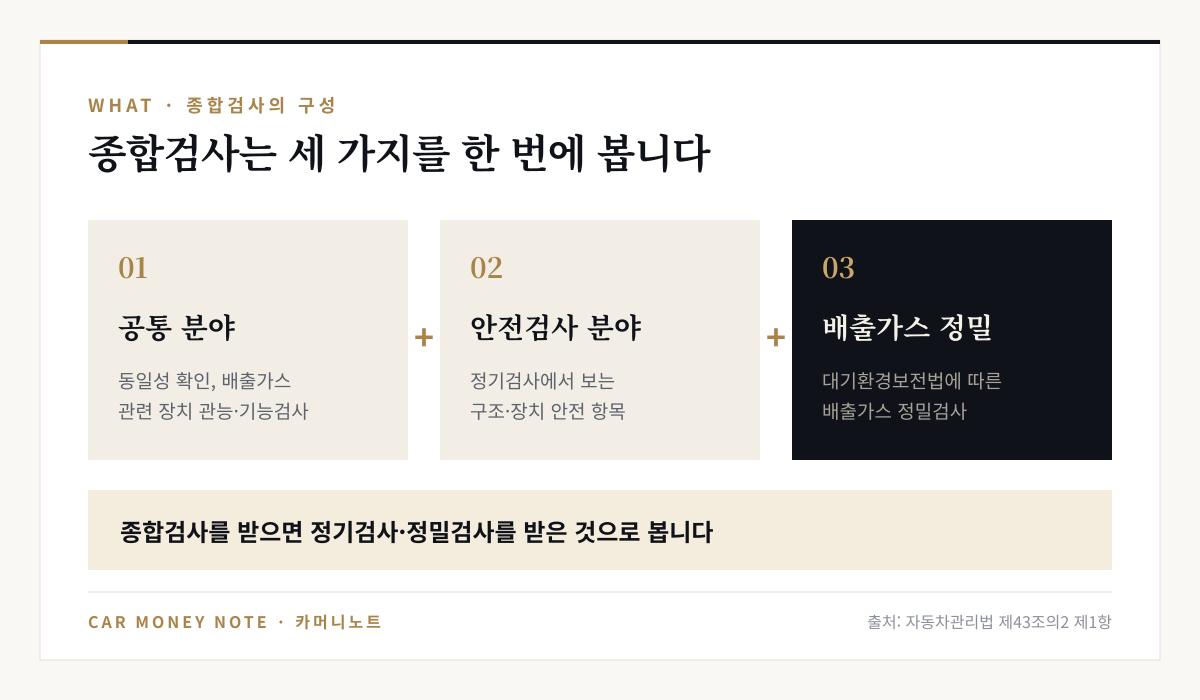 종합검사의 세 분야: 동일성 확인과 배출가스 관련 장치를 보는 공통 분야, 안전검사 분야, 배출가스 정밀검사 분야이며 종합검사를 받으면 정기검사와 정밀검사를 받은 것으로 봄
