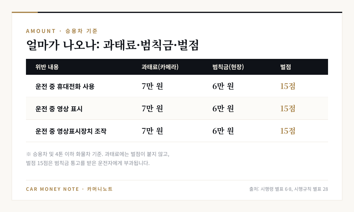 승용차 기준 운전 중 휴대전화 사용, 영상 표시, 영상표시장치 조작 모두 과태료 7만 원, 범칙금 6만 원, 벌점 15점