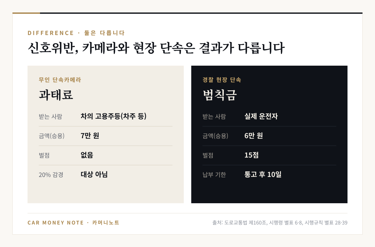 신호위반 과태료는 무인 단속카메라로 차의 고용주등에게 7만 원이 부과되고 벌점과 20% 감경이 없으며, 범칙금은 경찰 현장 단속으로 운전자에게 6만 원과 벌점 15점이 부과된다는 비교