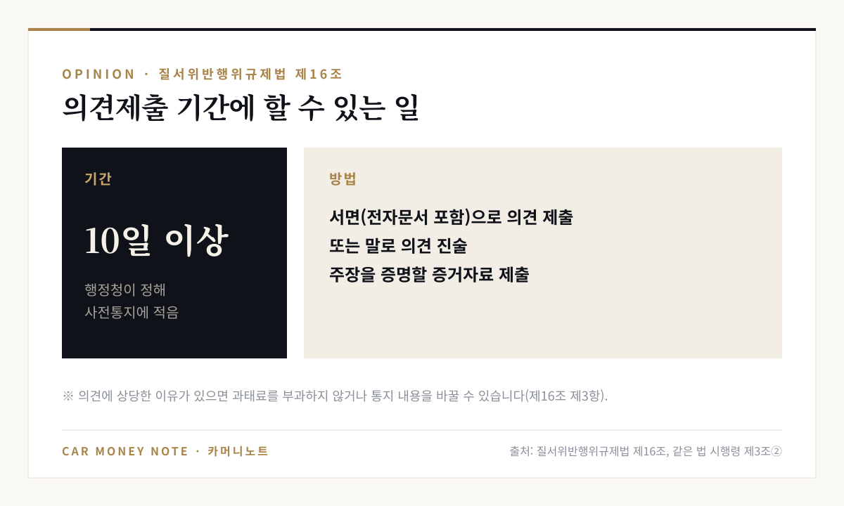 의견제출 기간은 10일 이상으로 사전통지에 적히고, 서면이나 전자문서로 의견 제출, 말로 의견 진술, 증거자료 제출이 가능하며 상당한 이유가 있으면 과태료를 부과하지 않거나 내용을 바꿀 수 있음