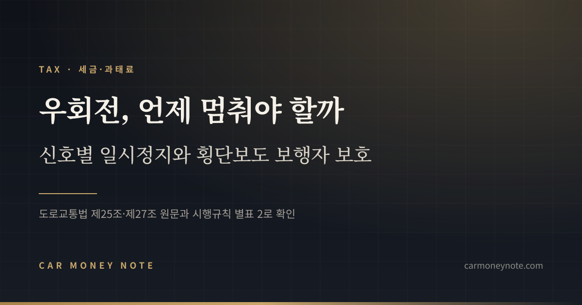 우회전, 언제 멈춰야 할까 — 신호별 일시정지와 횡단보도 보행자 보호를 정리한 카머니노트 표지