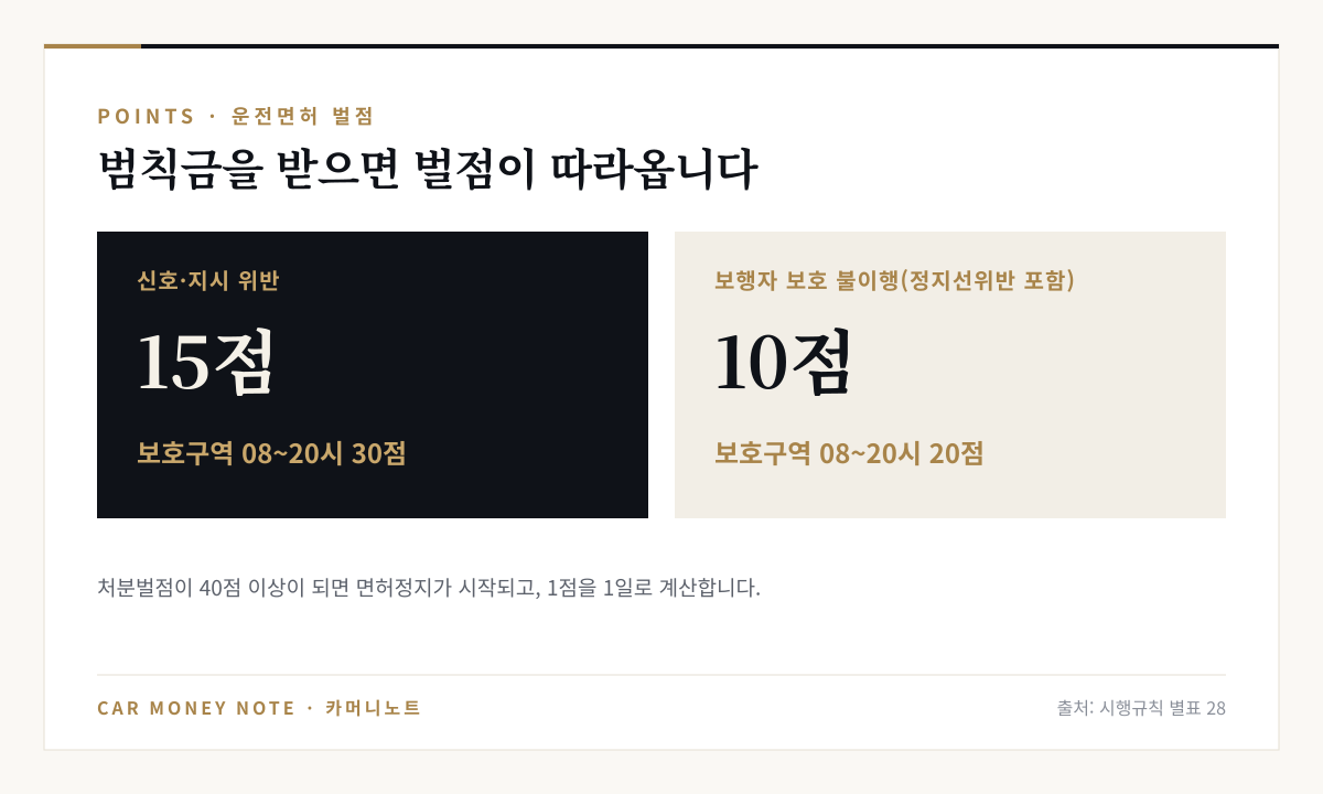 벌점 기준: 신호·지시 위반 15점, 보호구역 오전 8시~오후 8시 30점, 보행자 보호 불이행(정지선위반 포함) 10점, 보호구역 20점, 처분벌점 40점 이상이면 면허정지 1점당 1일