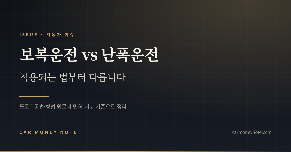 보복운전과 난폭운전, 적용되는 법부터 다르다는 내용을 도로교통법·형법 원문과 면허 처분 기준으로 정리한 카머니노트 표지