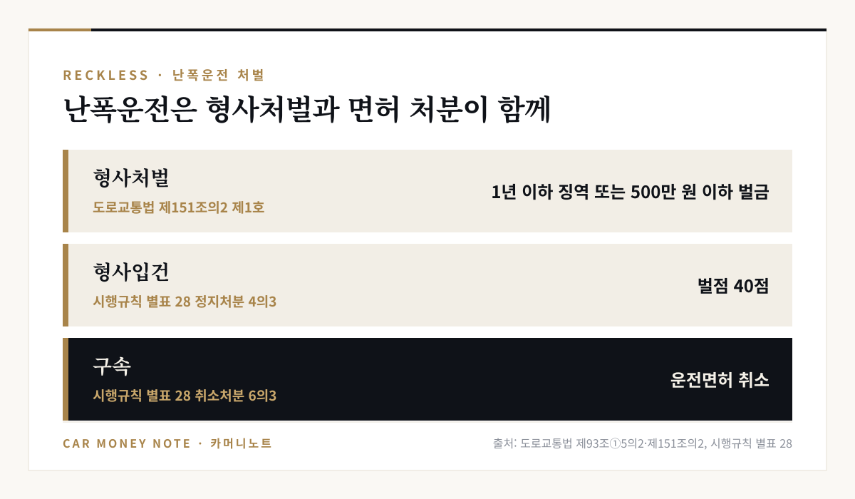 난폭운전 처벌: 도로교통법 제151조의2 제1호에 따라 1년 이하 징역 또는 500만 원 이하 벌금, 형사입건 시 벌점 40점, 구속 시 운전면허 취소