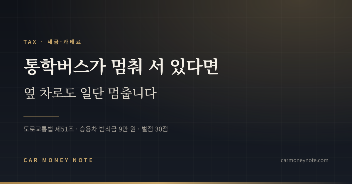 통학버스가 멈춰 서 있다면 옆 차로도 일단 멈춘다는 카머니노트 표지, 승용차 범칙금 9만 원과 벌점 30점 안내