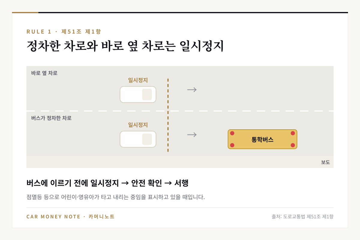 편도 2차로 도로에서 통학버스가 바깥 차로에 정차해 점멸등을 켜고 있을 때, 같은 차로와 바로 옆 차로의 승용차가 모두 버스에 이르기 전에 일시정지하는 모습