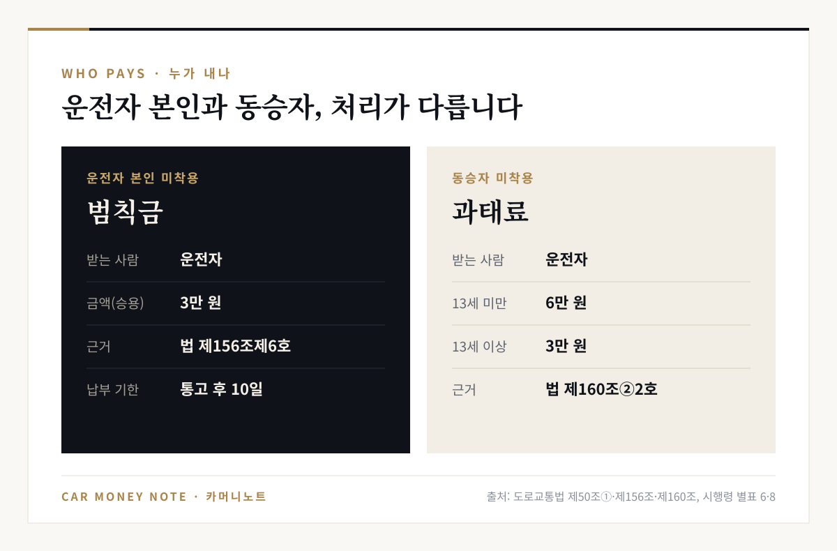 운전자 본인이 안전띠를 매지 않으면 운전자에게 범칙금 3만 원(도로교통법 제156조제6호), 동승자가 매지 않으면 운전자에게 과태료 13세 미만 6만 원·13세 이상 3만 원(제160조제2항제2호)