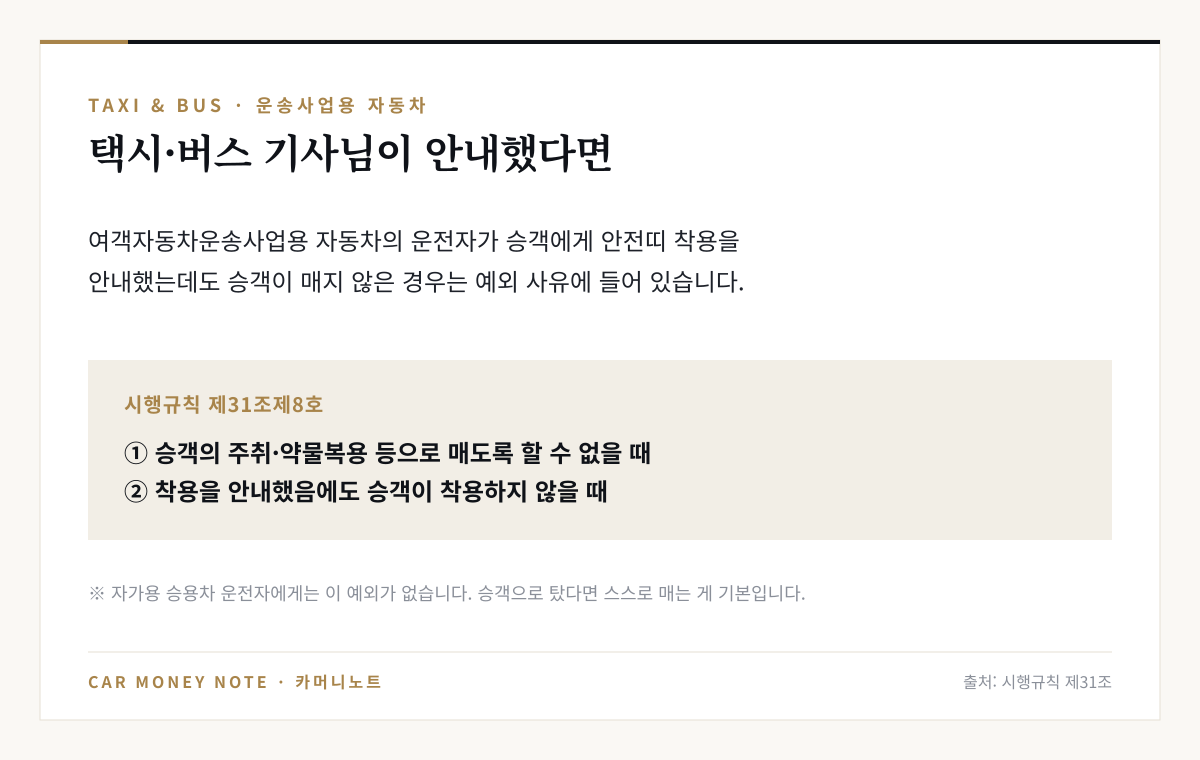 시행규칙 제31조제8호: 여객자동차운송사업용 자동차 운전자가 승객의 주취·약물복용 등으로 매도록 할 수 없거나 착용을 안내했음에도 승객이 착용하지 않을 때는 예외