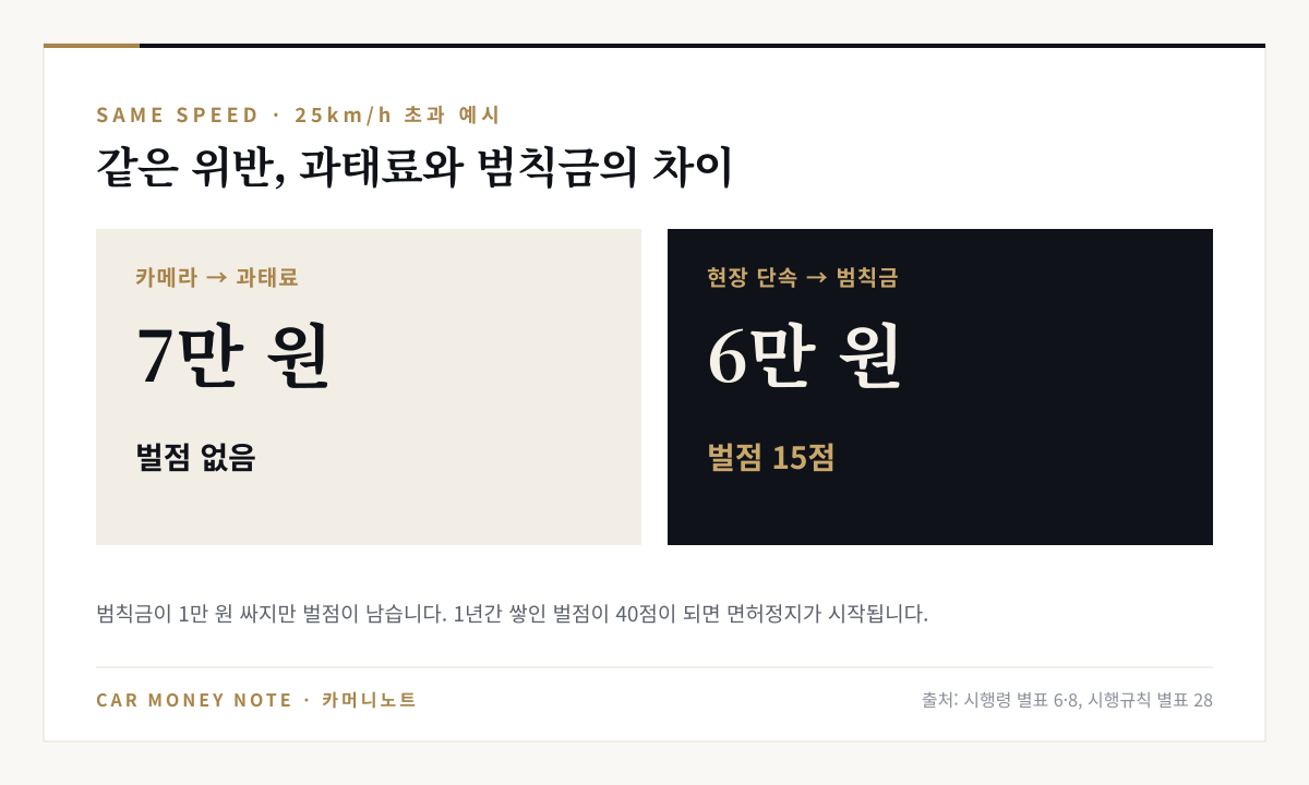 제한속도 25km/h 초과 예시: 카메라 과태료는 7만 원에 벌점 없음, 현장 단속 범칙금은 6만 원에 벌점 15점