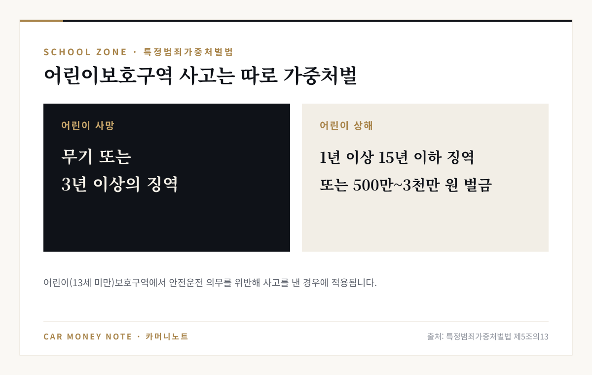 특정범죄가중처벌법 제5조의13: 어린이보호구역에서 안전운전 의무를 위반해 어린이를 사망에 이르게 하면 무기 또는 3년 이상의 징역, 상해에 이르게 하면 1년 이상 15년 이하 징역 또는 500만 원 이상 3천만 원 이하 벌금