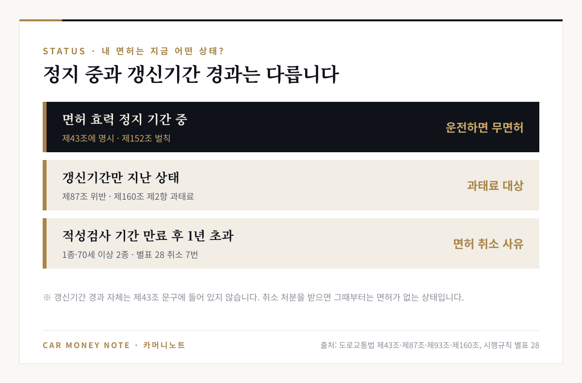 면허 상태별 구분: 효력 정지 기간 중 운전은 무면허, 갱신기간만 지난 상태는 과태료 대상, 정기 적성검사 기간 만료 후 1년 초과는 면허 취소 사유