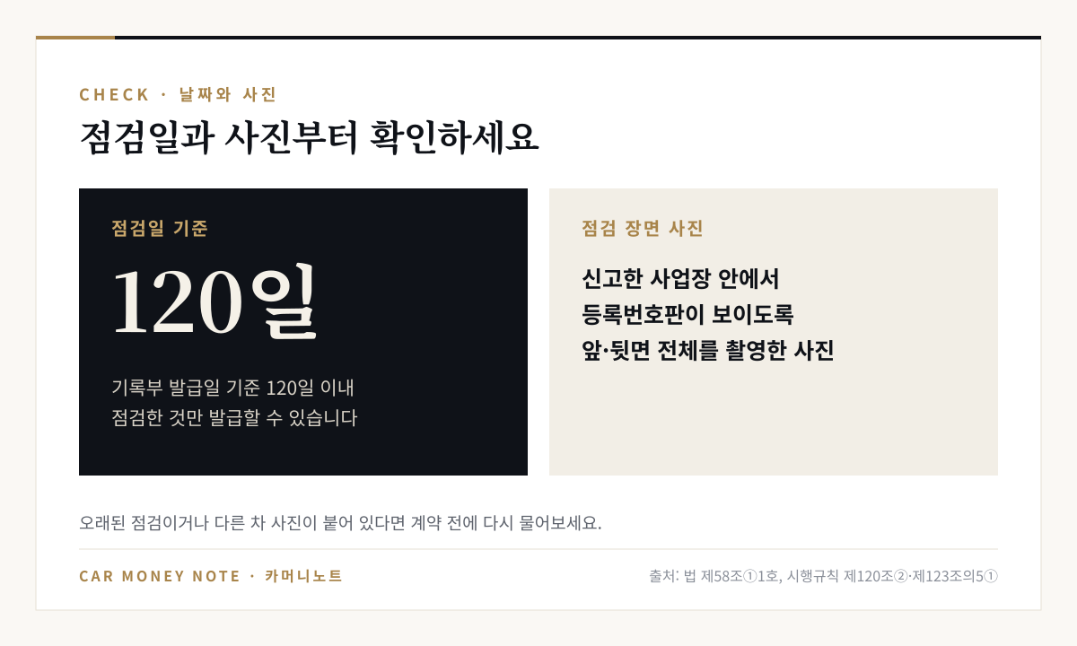 기록부는 발급일 기준 120일 이내 점검한 것만 발급 가능, 점검 장면 사진은 신고한 사업장 안에서 등록번호판이 보이도록 앞·뒷면 전체를 촬영