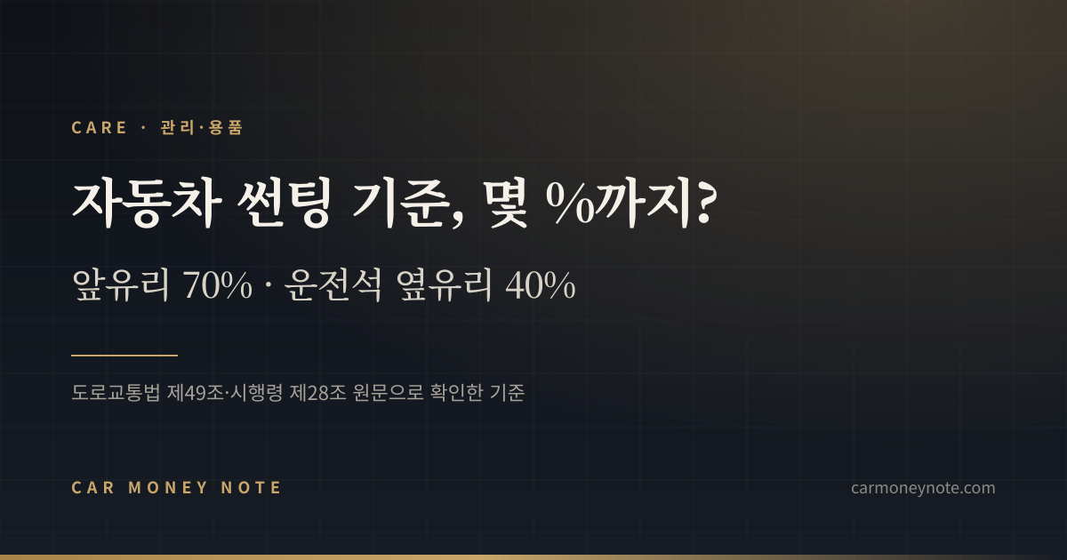 자동차 썬팅 기준, 몇 %까지? 앞유리 70%·운전석 옆유리 40%를 정리한 카머니노트 표지